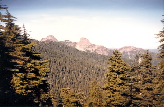 View of the Lions Peaks in the distance, Howe Sound Crest Trail 1985-08.